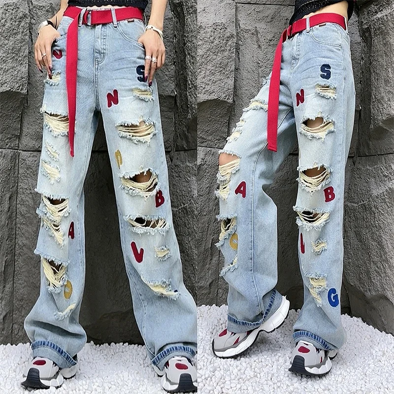 

Летние джинсы в стиле ретро, прямые, длиной 9/10, свободного кроя, с дырками, больших размеров, с надписью, стройнящие, в корейском стиле, из денима, длинные брюки