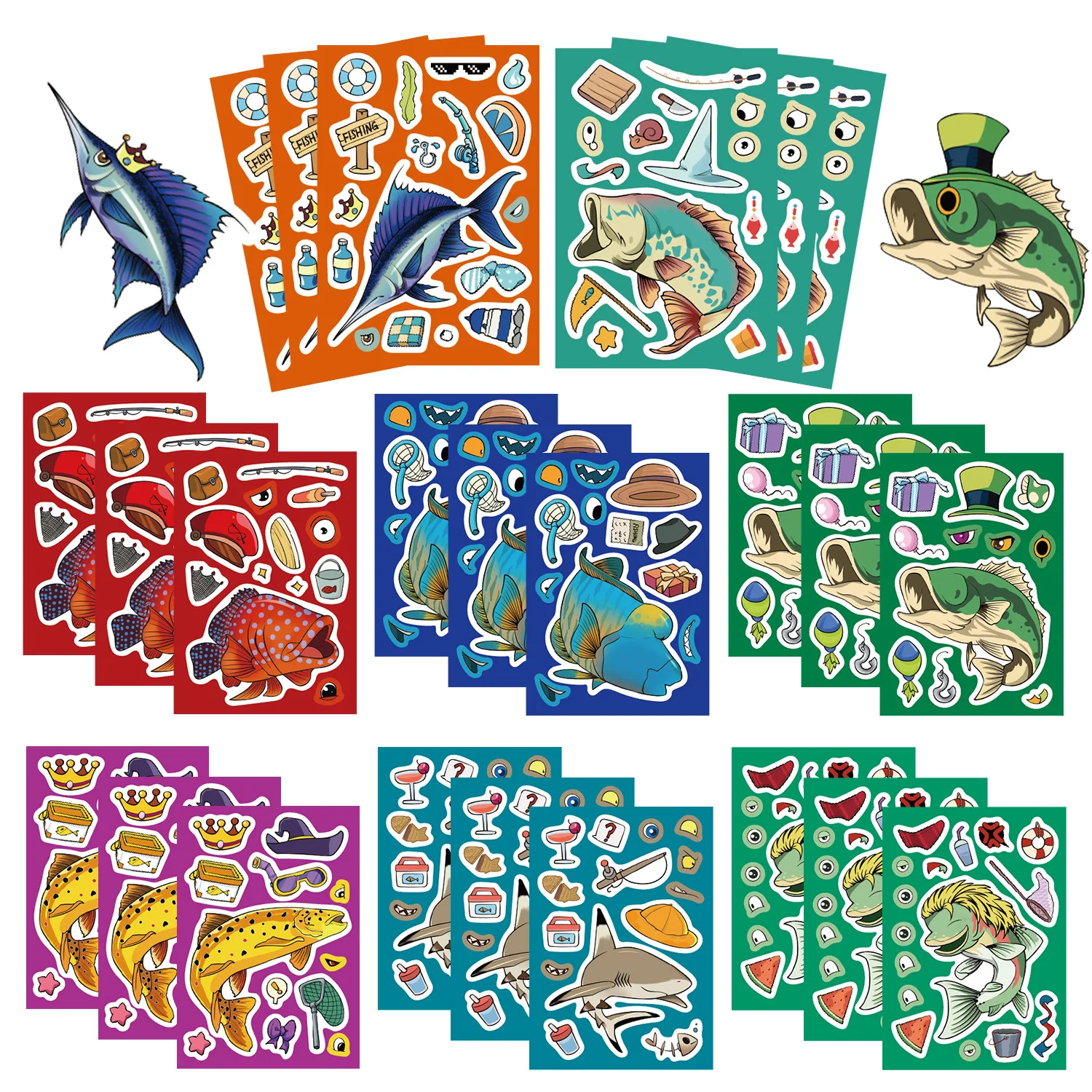 8/16/24PCS Puzzle Aufkleber Cartoon Angeln Machen ein Gesicht Aufkleber DIY Handwerk Wasserdichte Schreibwaren Aufkleber
