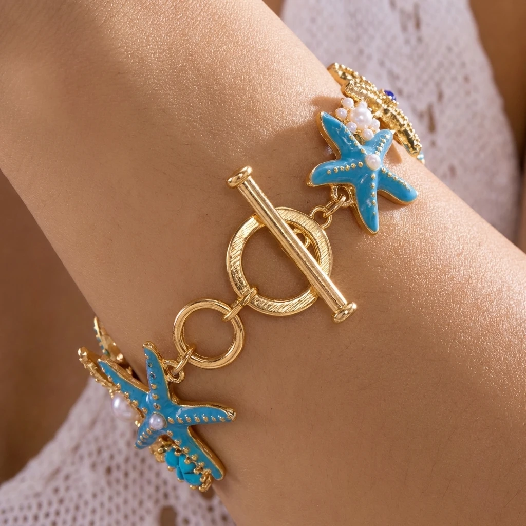 Vintage Ocean Inspired Jewelry Set for Women Enamel Starfish Shell Coral Style Necklace Earring Bracelet OT Clasp Luxury Gift
