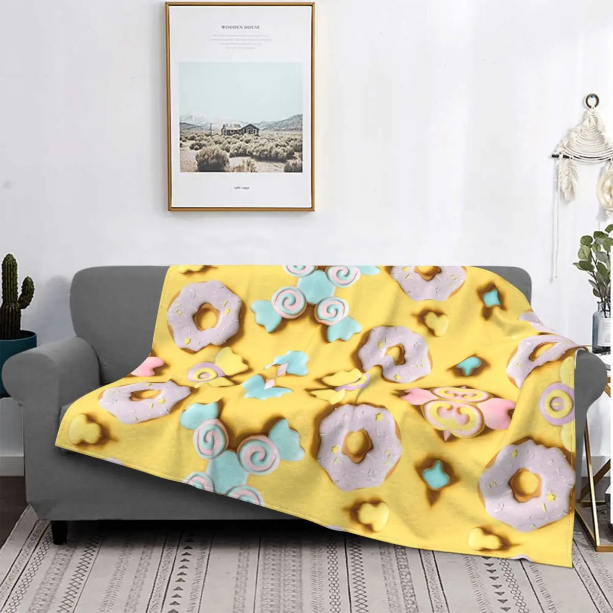 

3D Printed Cute Dessert Pattern Blanket Glazed Donut Plush Blanket Airplane Travel Personalized Soft Warm Bed Cover