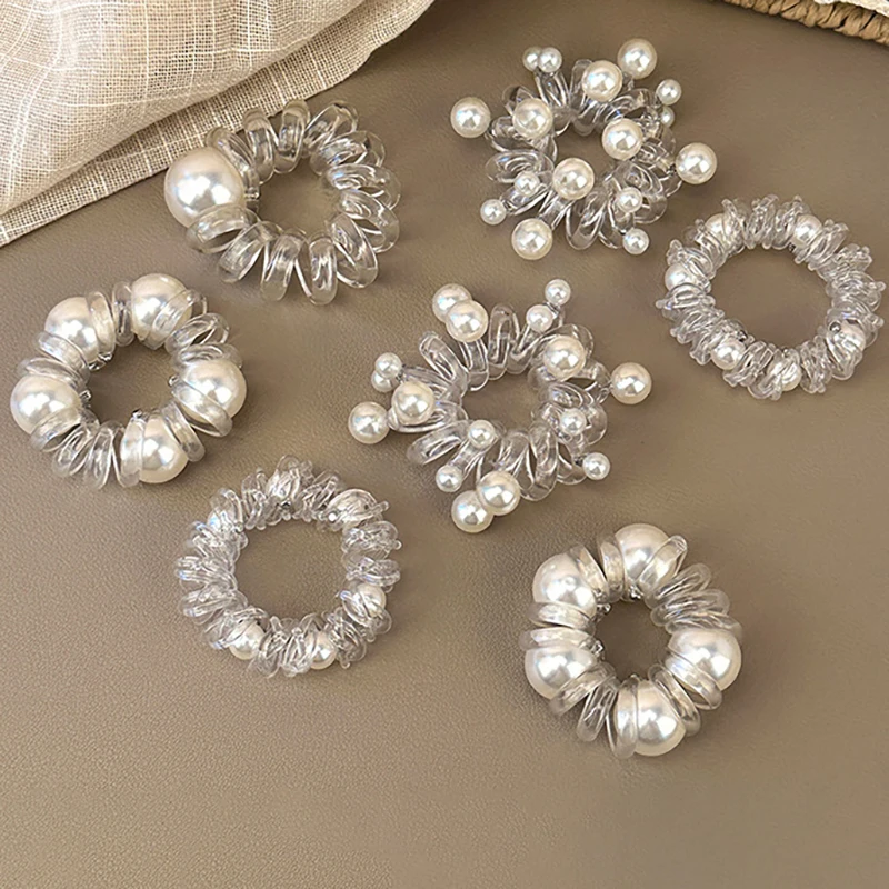 Transparent Pearl Phone Cord Hair Tie Women High Elastic Hair Rope Thicken Beaded Rubber Band High Ponytail Hair Band