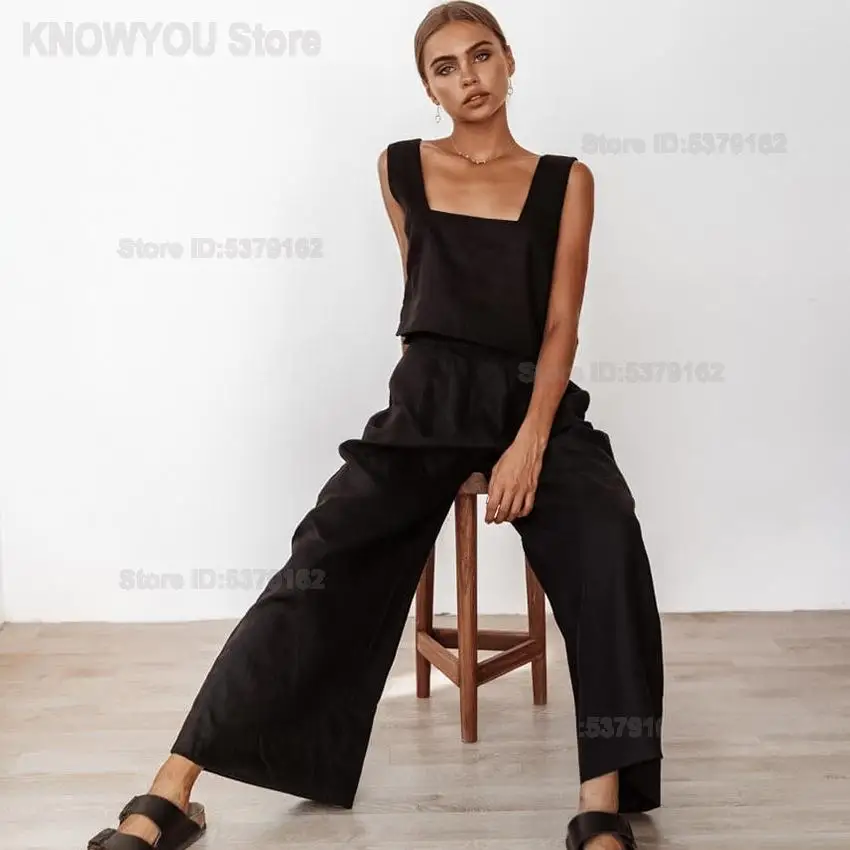 2026 Spring Summer Ladies European American Linen Cotton Loose 2 Piece Pajama Set Sleeveless Short Tank Top Long Casual Pants