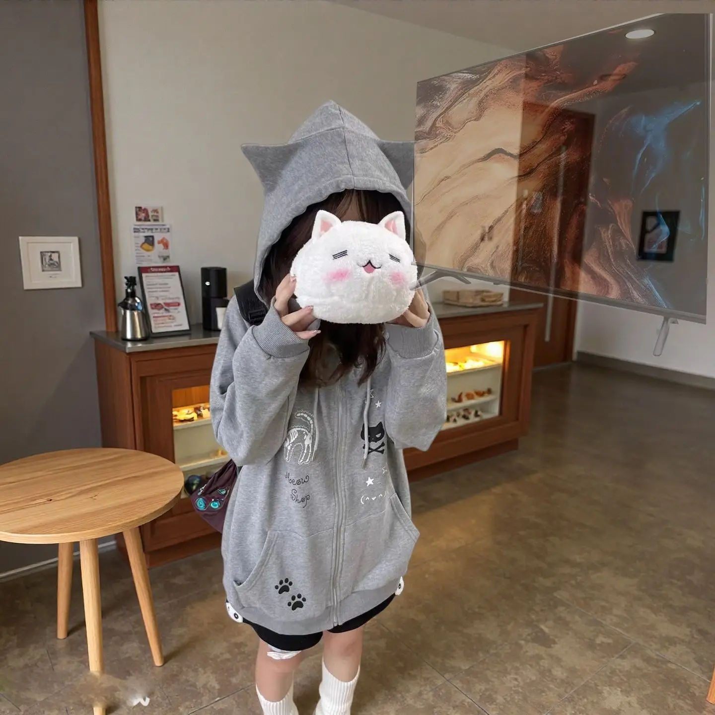 Japanese Sweet Gray Cat Hooded Jacket Women Autumn Winter Long Sleeve Zipper Soft Girl Plush Lined Top