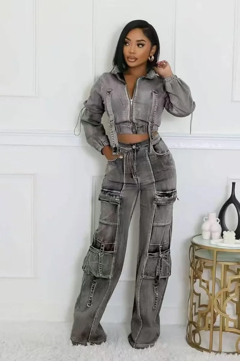 Women Fashion Denim Cargo Style 2 Piece SetStand Collar Long Sleeve Zip-up Jackets Top + Pockets Straight Pants Jeans Suits