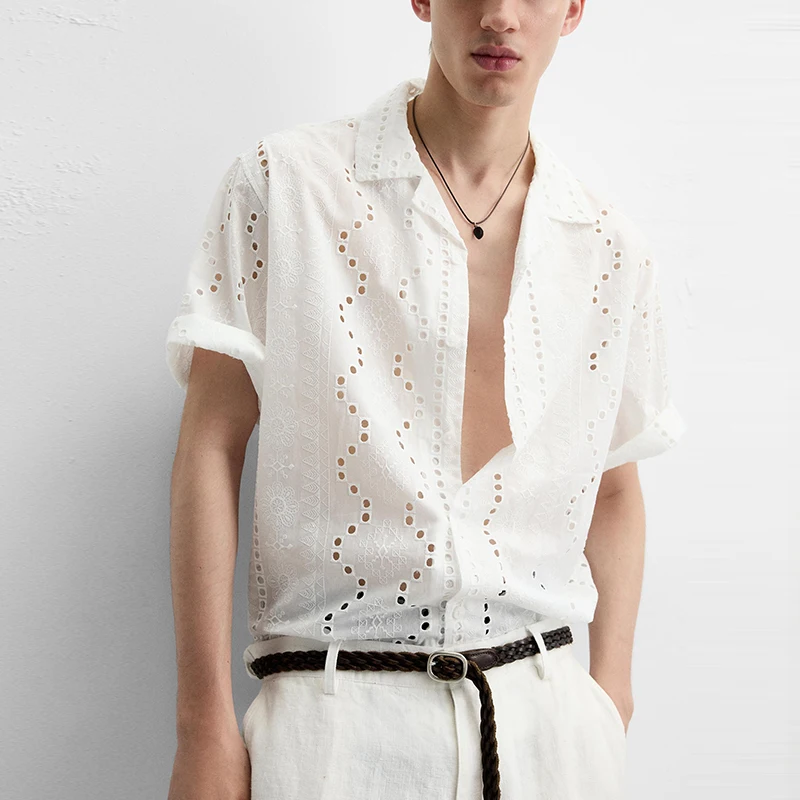 

Свободный крой, белый ort Sve, мужской irt 2022, новинка лета Sle Z, брендовый дизайн с вырезами и вышивкой, повседневный деловой утюг