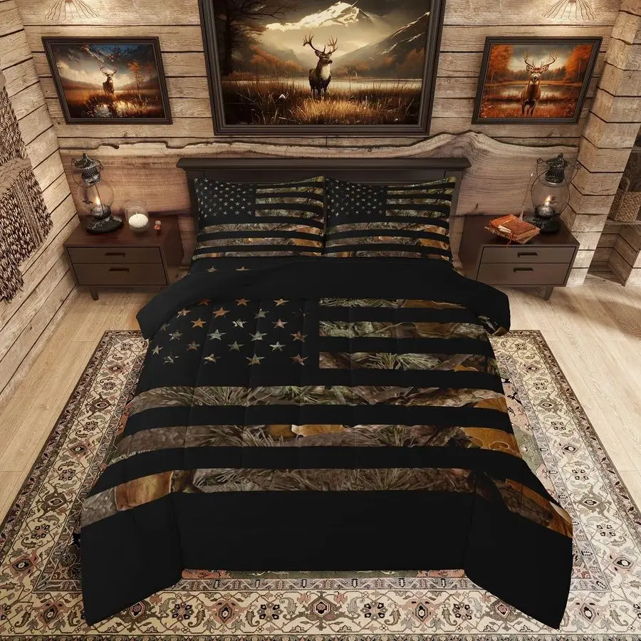 

Flag Camo Comforter Set Queen,Military Hunting Bedding Set Rustic Trees Leaves Camouflage Comforter for Boys Teens Kids Man Bedr