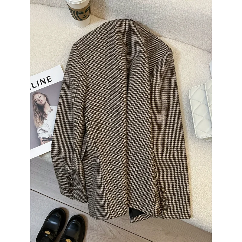Houndstooth Vintage Tweed Suit Jacket Women's Autumn Winter Basic Office Lady Leisure Long Sleeve Suit Coat