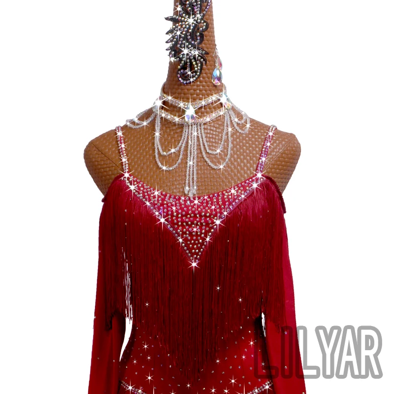 New Latin Dance Competition Performance Dress Adult Wine Red Off Shoulder Fringe Dance Dress