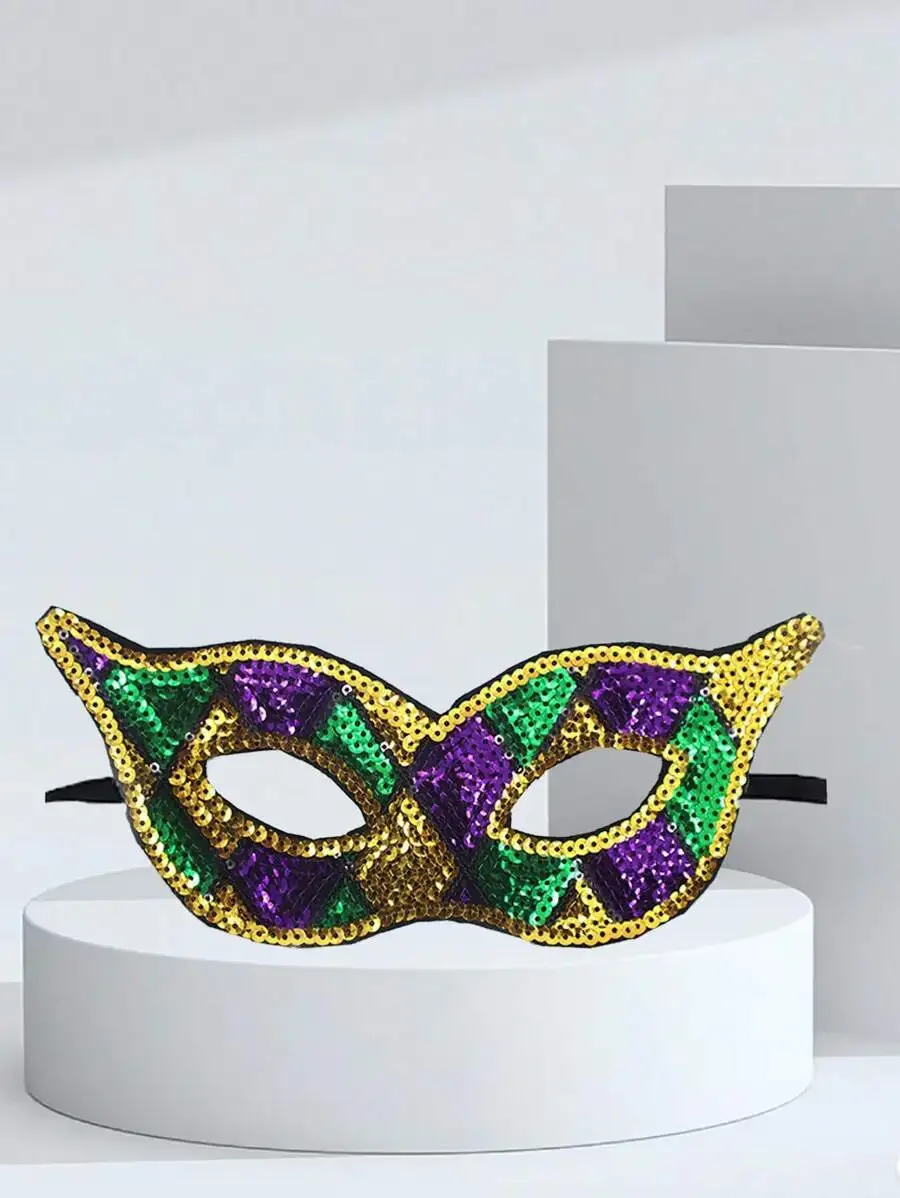 

Mardi Gras Sequin Mask Adult Costume Party Mask Purple Green Gold Tri Color