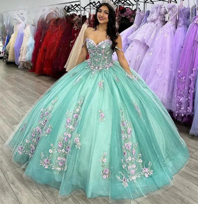 Mint Green Quinceanera Dresses Ball Gown Off The Shoulder Tulle Floral Sweet 16 Dresses 15 Años Mexican