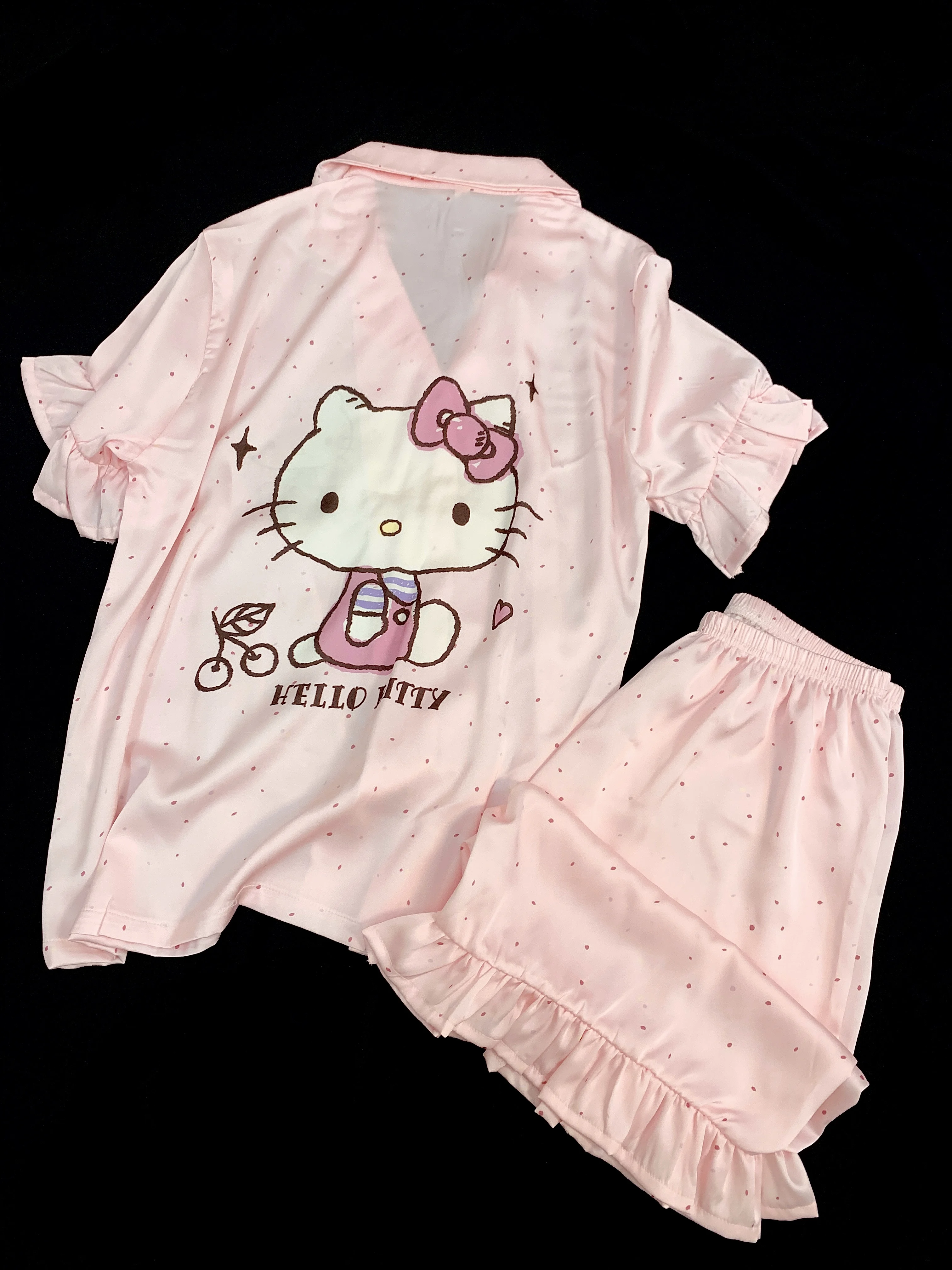 Летние розовые пижамы KT Cat из ледяного шелка, женские пижамы с короткими рукавами, крутой милый комплект домашней одежды