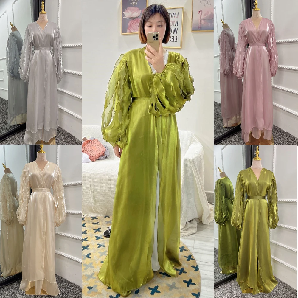 

Elegant Dubai Abaya Open Kimono Satin Muslim Women Maxi Robe Petal Puff Sleeve Arab Islamic Clothing Party Evening Gown Vestido