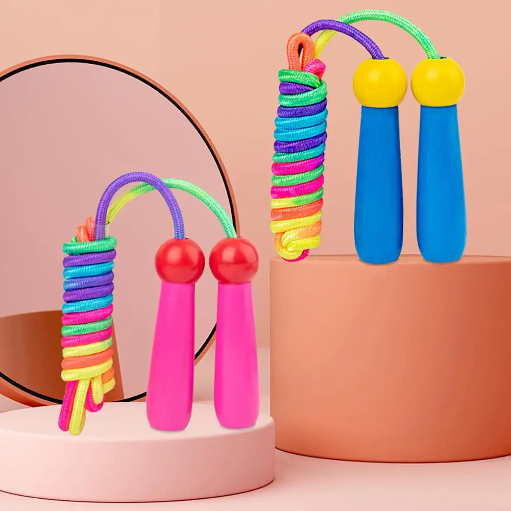 Children Skipping Rope Jump Rope Tangle-Free Rapid Speed Jumping Rope Rainbow Striped Wooden Handle Adjustable Length Jump Rope