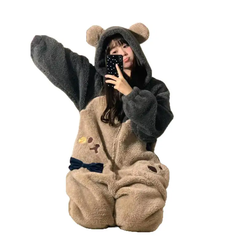 Girl Conjoined Pajamas Winter Cartoon Fleece-Lined Thicken New Nightwear Flannel Keep Warm Sleepwear Little Bear Hooded Homewear