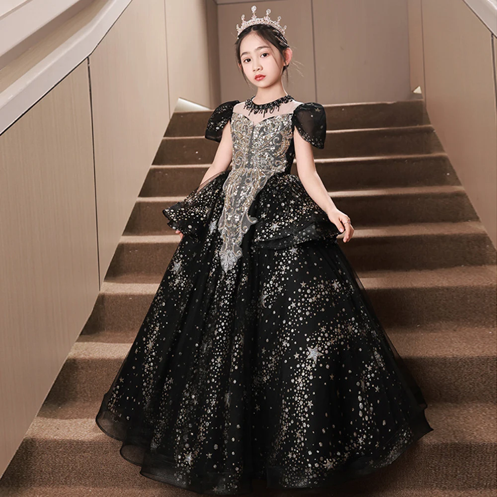 Girls Black Princess Dress 3-8T Light Luxury O-Neck Beading Short Sleeved Puff Prom Gown Golden Sequins Flower Girls Dresses