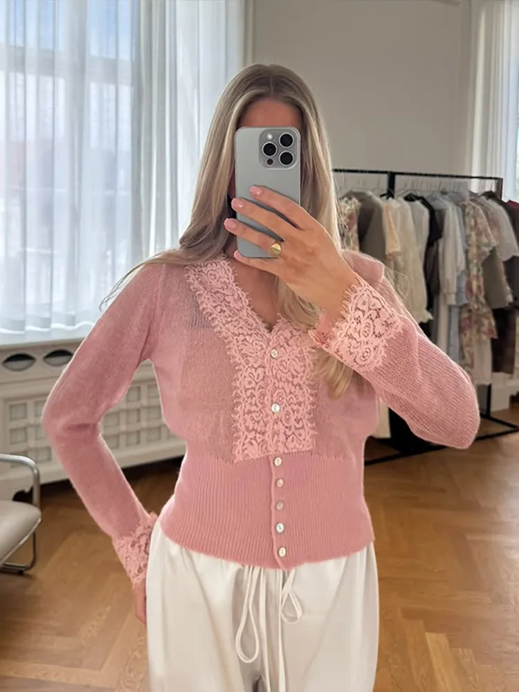 أنيقة الدانتيل المرقعة سترة محبوكة المرأة شيك الخامس الرقبة واحدة الصدر ضئيلة سترة قصيرة سيدة اليومية تخفيف الشارع بالأزرار