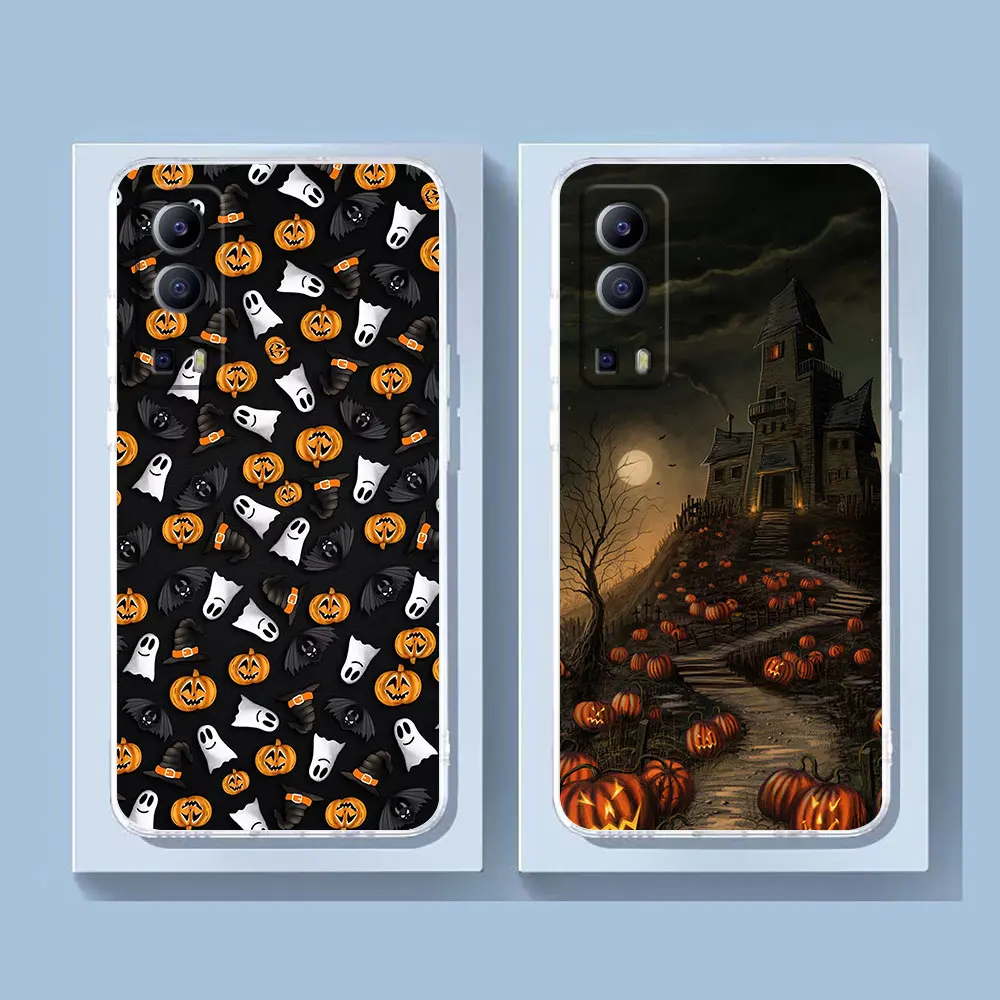 Clear Phone Case For VIVO Y30 Y32 Y33S Y50 Y51S Y52S Y53S Y55S Y66 Y77 Y93 Y95 Y97 V20 5G 4G Case Happy Halloween Pumpkin Castle