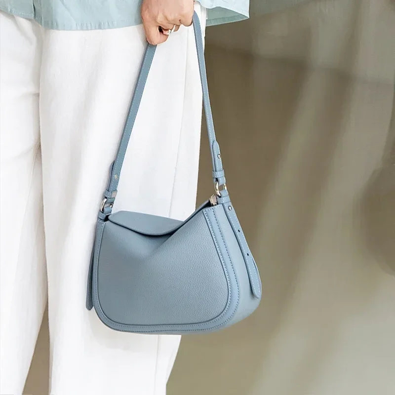 Genuine Cowhide Leather Flap Hobo Shoulder Bag for Women Pebbled Leather Casual Crossbody Bag Luxury Designer Underarm Bags - view 2