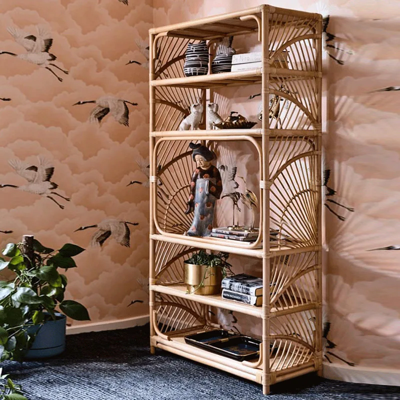 

Nordic ins natural rattan woven bookshelf multi-layer storage rack balcony floor shelf small apartment finishing rack