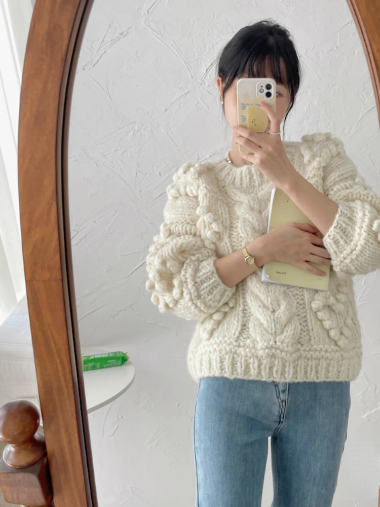 Women Handknit Cable Bubble Chic Retro Crew-neck Chunky Sweater 2024 Spring New In Vintage Pullover