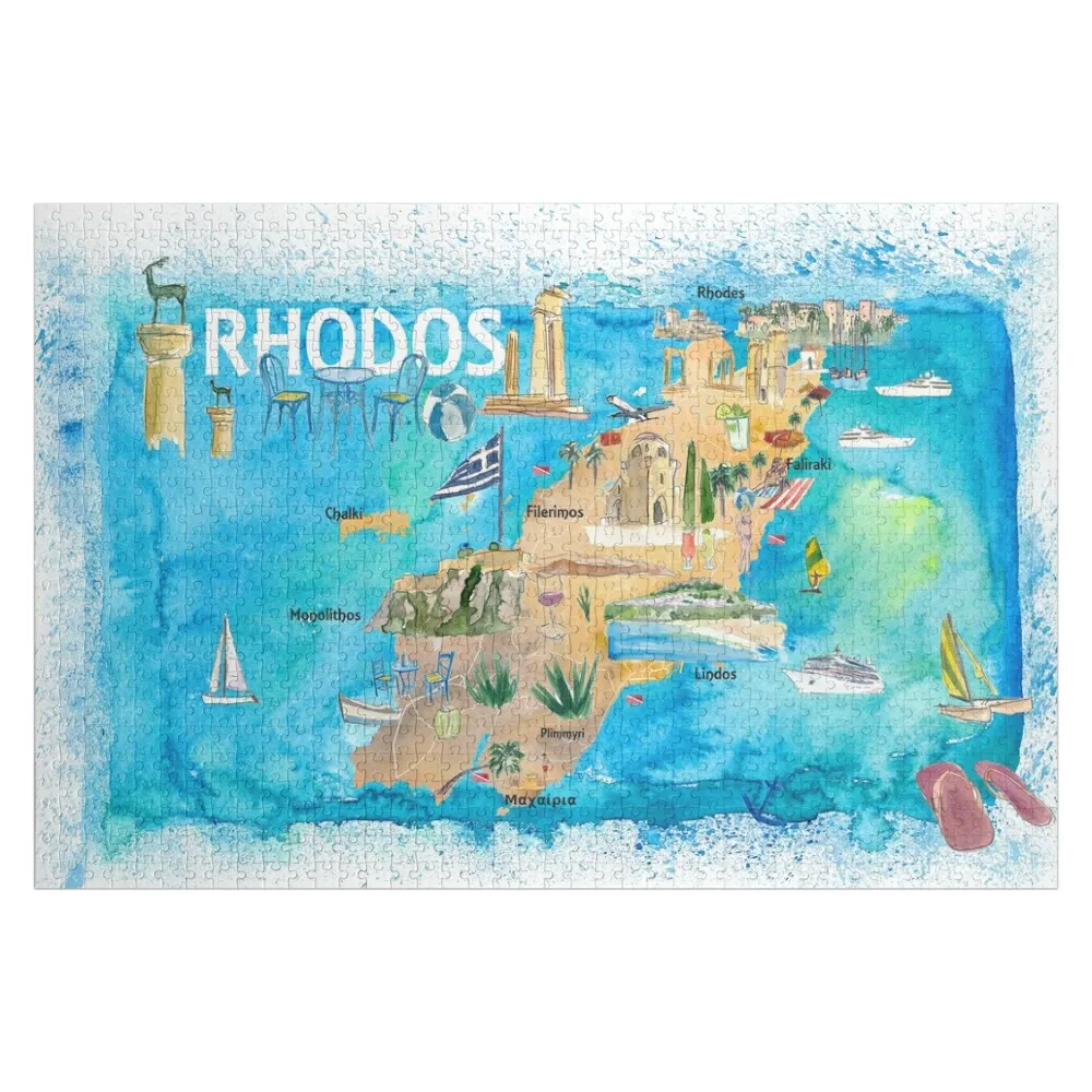 Rhodes Greece Illustrated Map with Landmarks and Highlights Jigsaw Puzzle Personalized Child Gift Wooden Boxes Puzzle