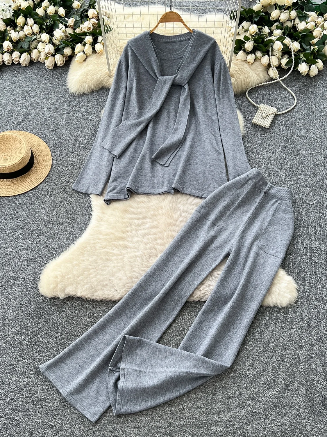 طقم خريفي نسائي من Ele mat بخصر عالٍ طويل Sve مستدير Ne مع سروال طويل ثنيات بدلة مكونة من قطعتين #1