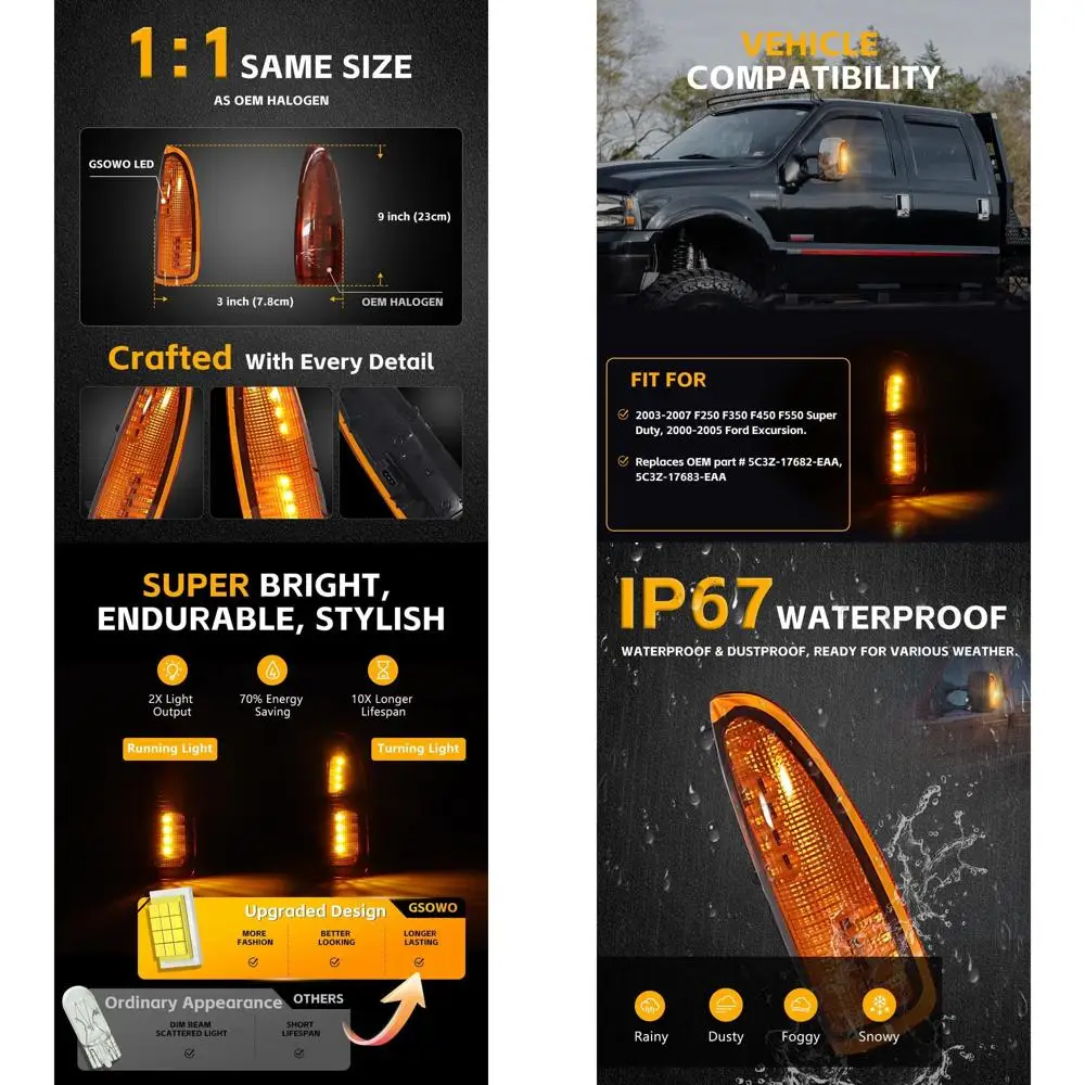 

LED Side Mirror Marker Lights with Sequential Turn Signals for Ford F-Series 2003-2007 F250-F550 & 2000-2005 Excursion, Amber Le