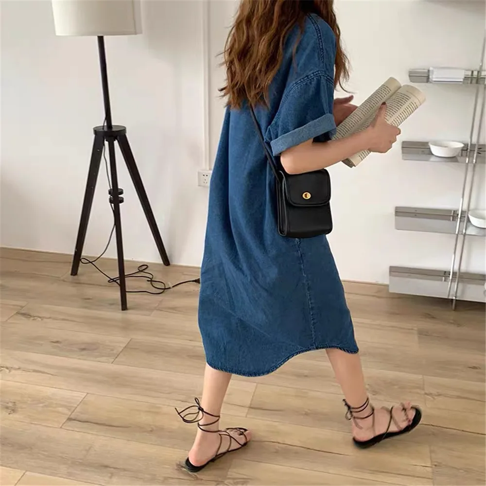 ชุดยาวผู้หญิง DENIM ชุด Streetwear กระเป๋าล้างเปิดลงปกเดี่ยว Breasted VINTAGE Vestidos Maxi ชุด 2025 ฤดูร้อน
