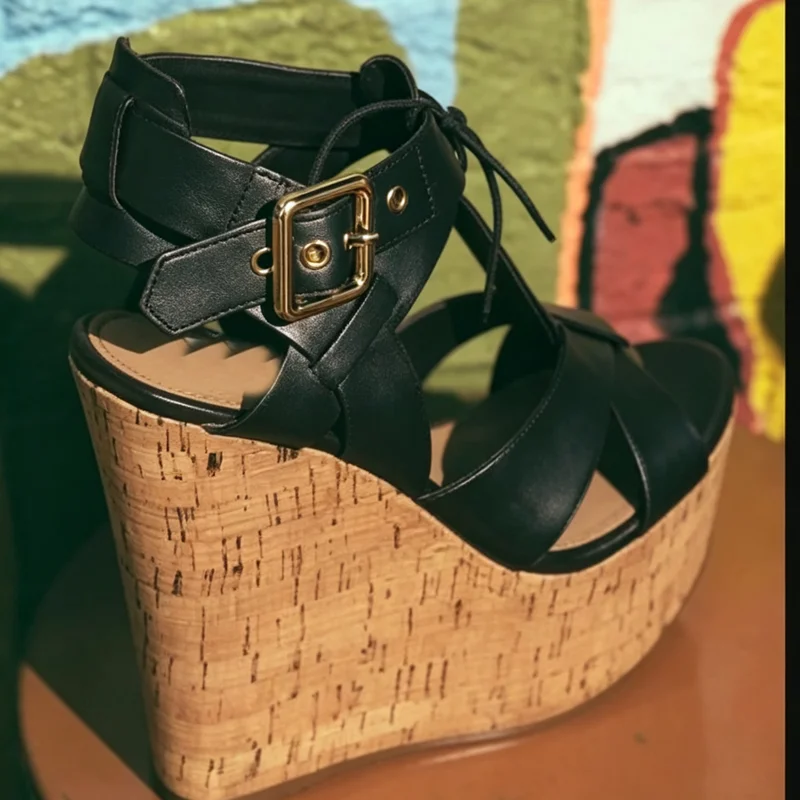 Black Wood Pattern Buckle Platform Sandals Wedge Heel Peep Toe Fashion Cool 2026 Summer Big Size Woman Shoes Zapatillas Mujer