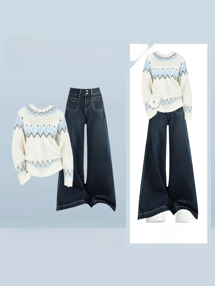 College Sle Color Blo Striped Knitwear Wide Leg Jeans Women's Winter Design Sensation Youthful Gentle Two Piece Set