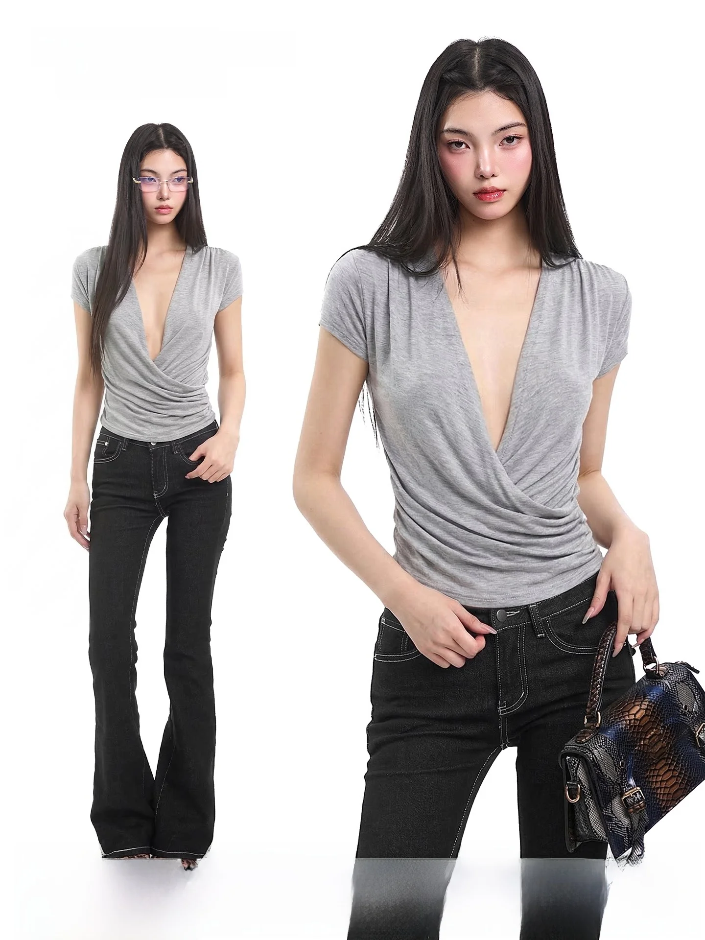 

Сексуальная женская футболка с глубоким V-образным вырезом и коротким рукавом, облегающая, с дизайнерскими складками, весенний топ, повседневная одежда бренда Uncmhisex