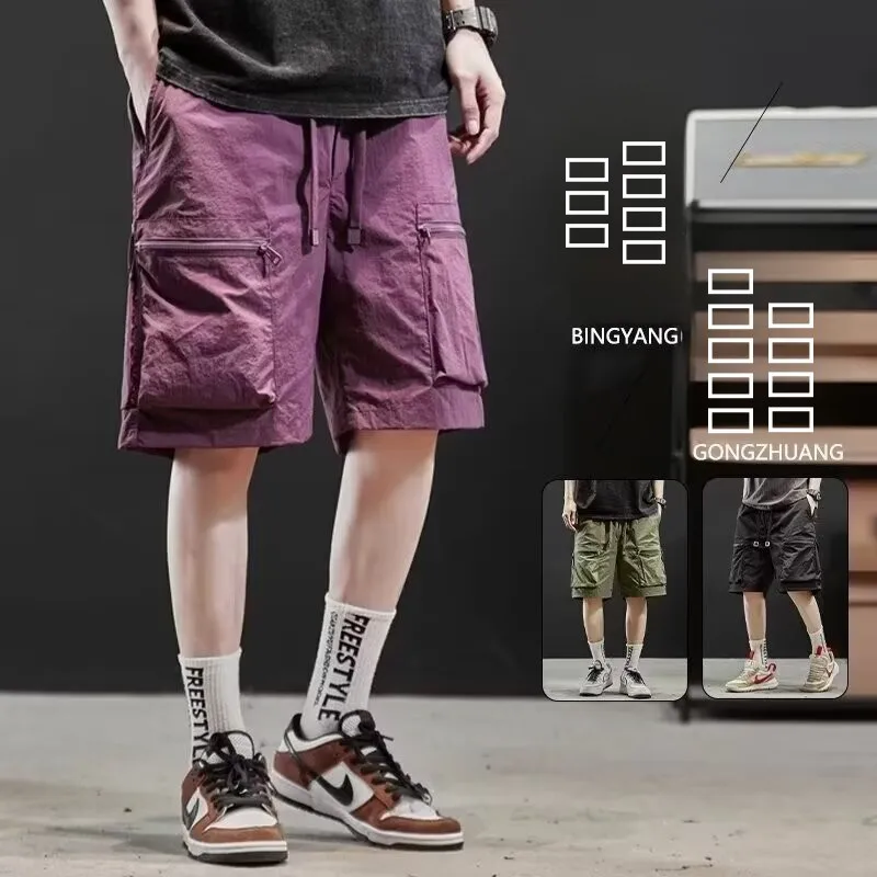 

Мужские летние шорты-карго из ледяного шелка, тонкие, длиной до колена, быстросохнущие, с множеством карманов, в американском стиле, на молнии