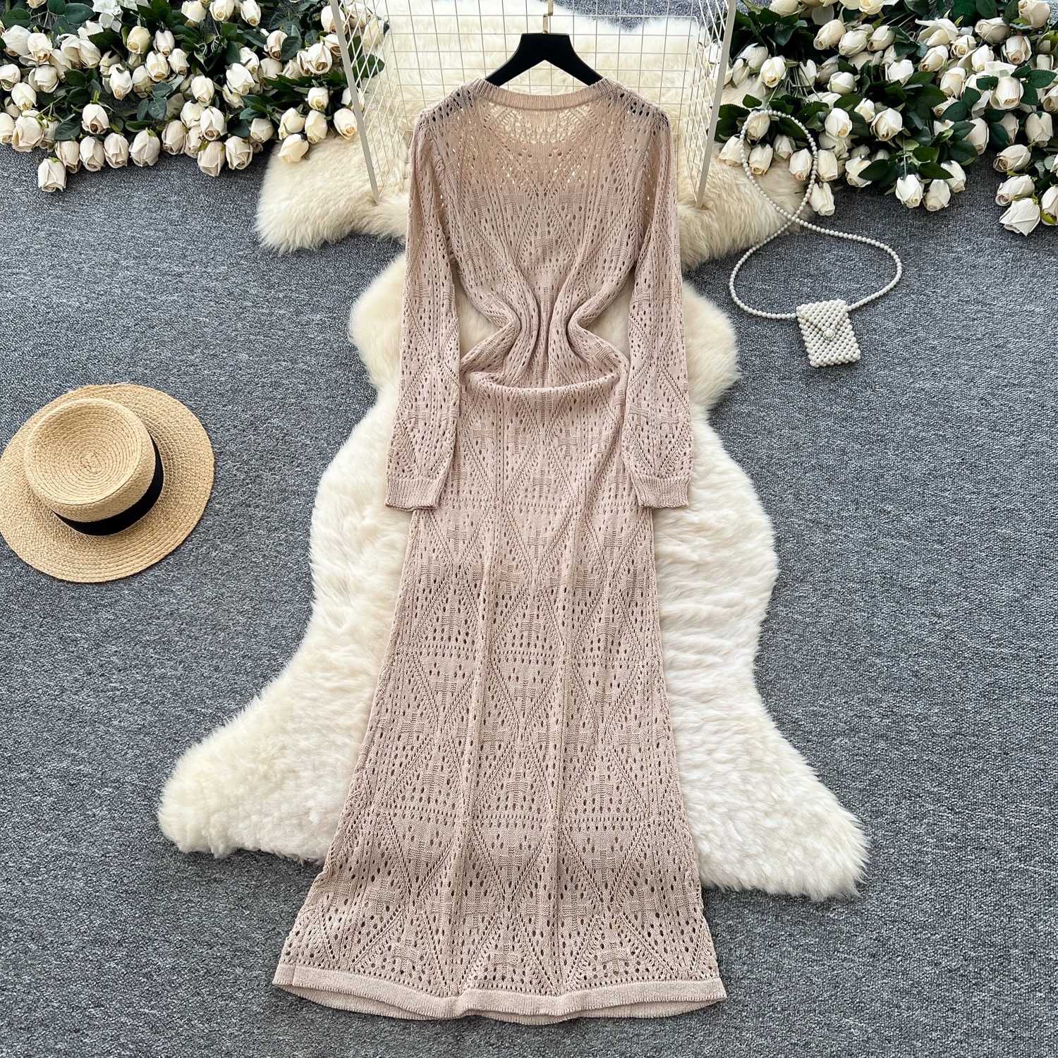 Chic vintage Knit hollow out pleated loose Elegant Fairy korean fashion Boho Sundress women clothing Long dress