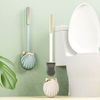 Household bathroom long handle with shell toilet brush, no hole wall mounted silicone soft bristle cleaning brush set