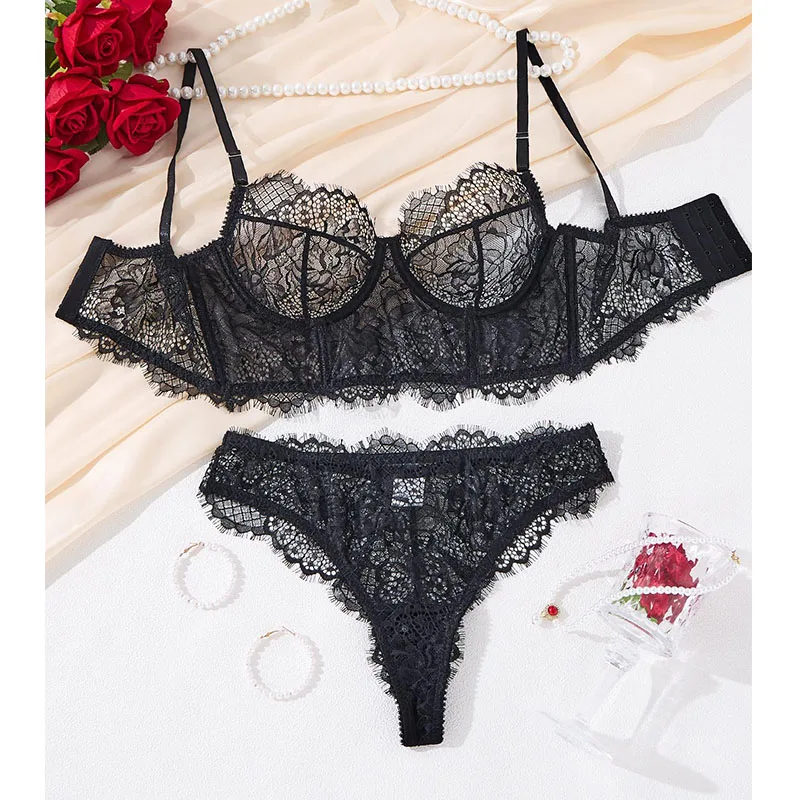 섹시 란제리 여성 매력적인 블랙 레이스 속옷 울트라 씬 시스루 브라 팬티 세트 2피스 에로틱 란제리 친밀한 의상