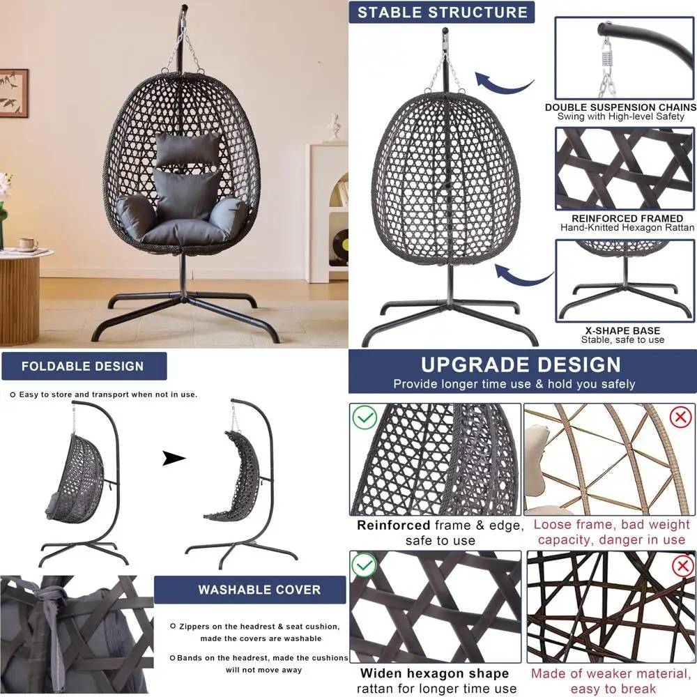 

"Bedroom and Patio Egg Swing Chair with Stand, Outdoor Wicker Rattan Swing for Garden and Porch"