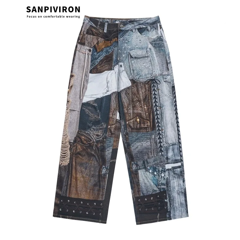 High end trendy brand American hip-hop retro patchwork color ripped jeans for men and women, unisex luxury designer Street jeans