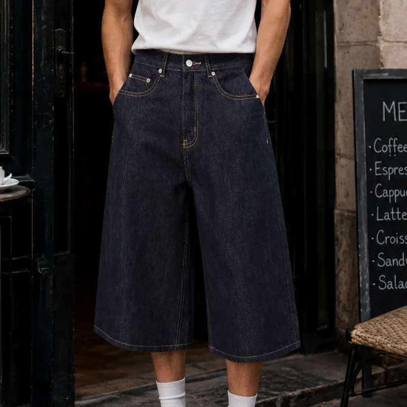 New American Vintage Multiple Pockets Baggy Denim Shorts Men's Embroidery Letter Design Y2k Jorts Blue Wide Leg Straight Shorts