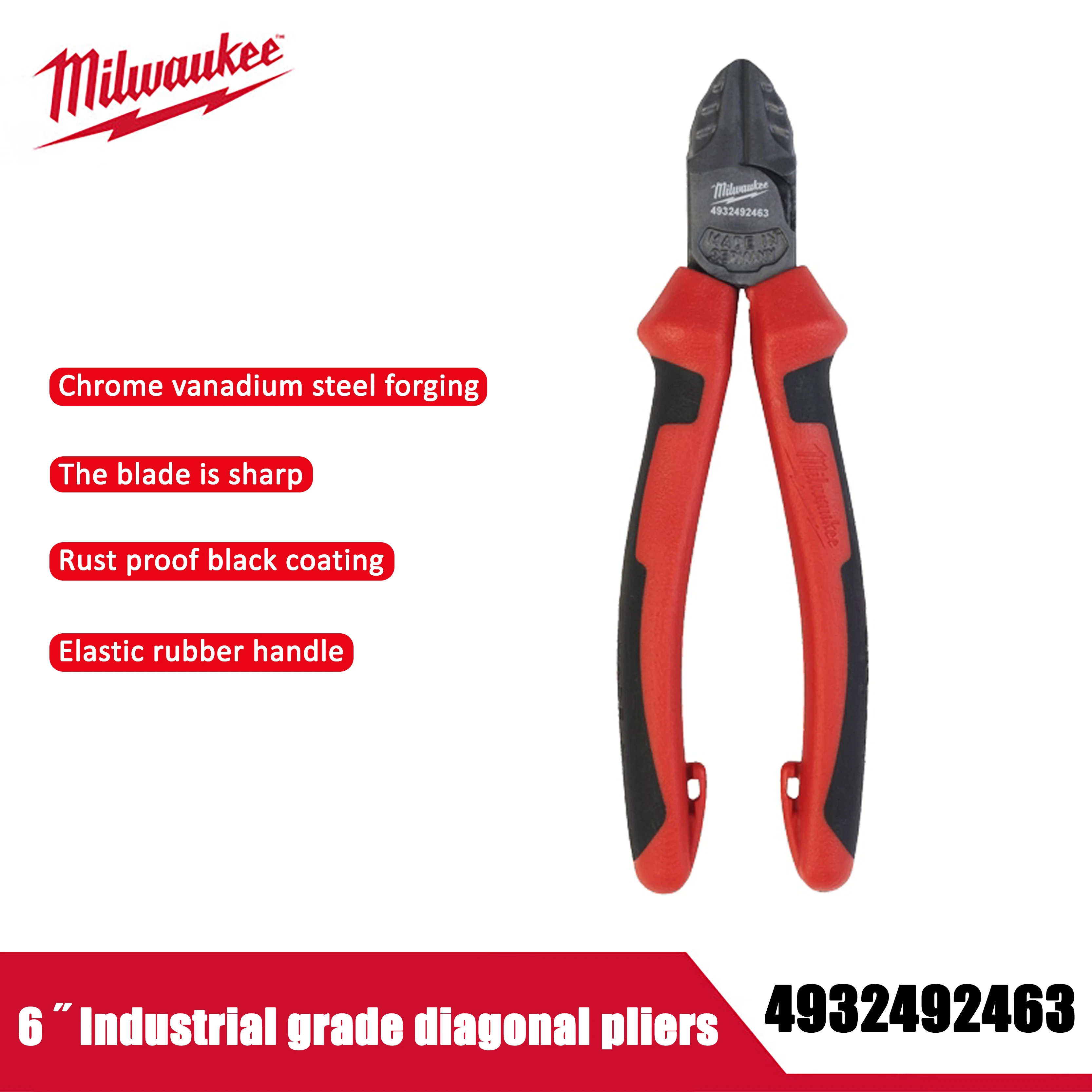 Milwaukee 6-inch Industrial Grade Diagonal Pliers 160mm, Multifunctional Portable Tool Pliers, Sharp Blade Cutting 4932492463