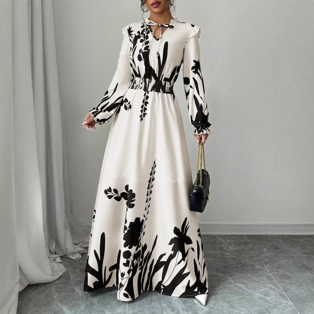 

Abaya Print Dress Women Eid Party Dresses Jalabiya Long Robe Muslim Lace Up Kaftan Ramadan Morocco Vestidos Dubai Islam Gown
