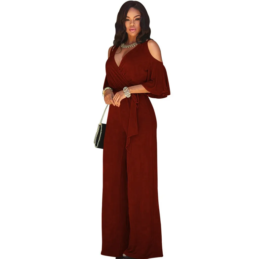 Summer Slim-fitting Women\'s Jumpsuit, Sexy Off-shoulder V-neck Wide-leg Pants Jumpsuit, Lace-up Elegant Trousers Jumpsuit