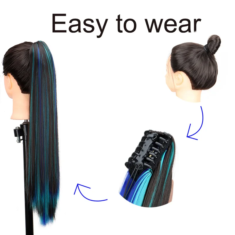 Synthetic 24Inch Claw Ponytail Hair Extension High Heat Resistant Mix Highlights Color Long Straight Clip-in Hairpiece for Women image 6
