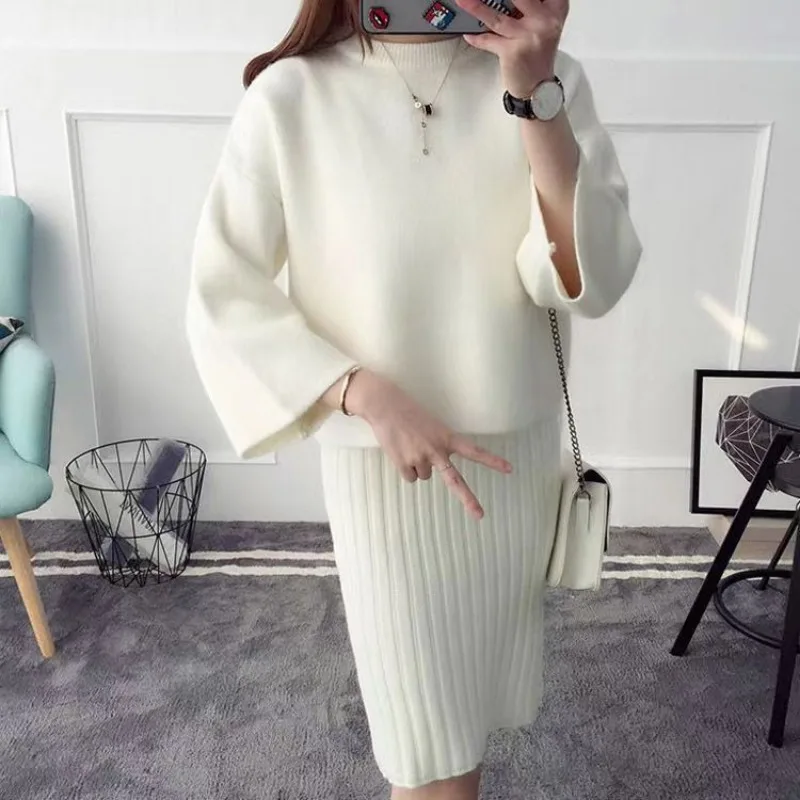 Autumn New Knitted Set Fashion Korean Edition Loose Head Sweater Women's Mid Autumn Long Two piece Skirt Set