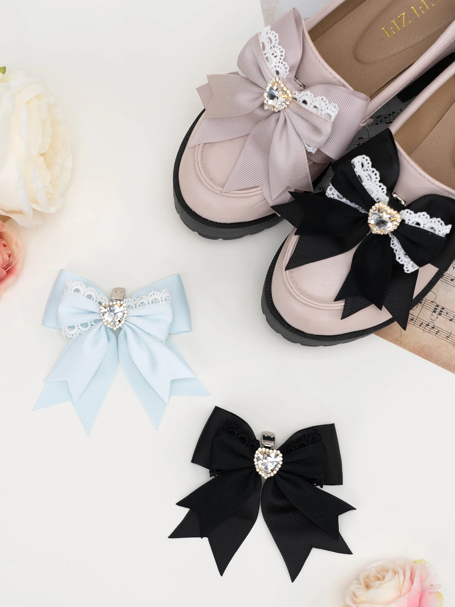 Japanese Handmade Heart Shape Rhinestone Lace Bow JK Uniform Shoes Clip Sweet Shoe Buckle JK Mine Series Mass-Produced Shoe Clip