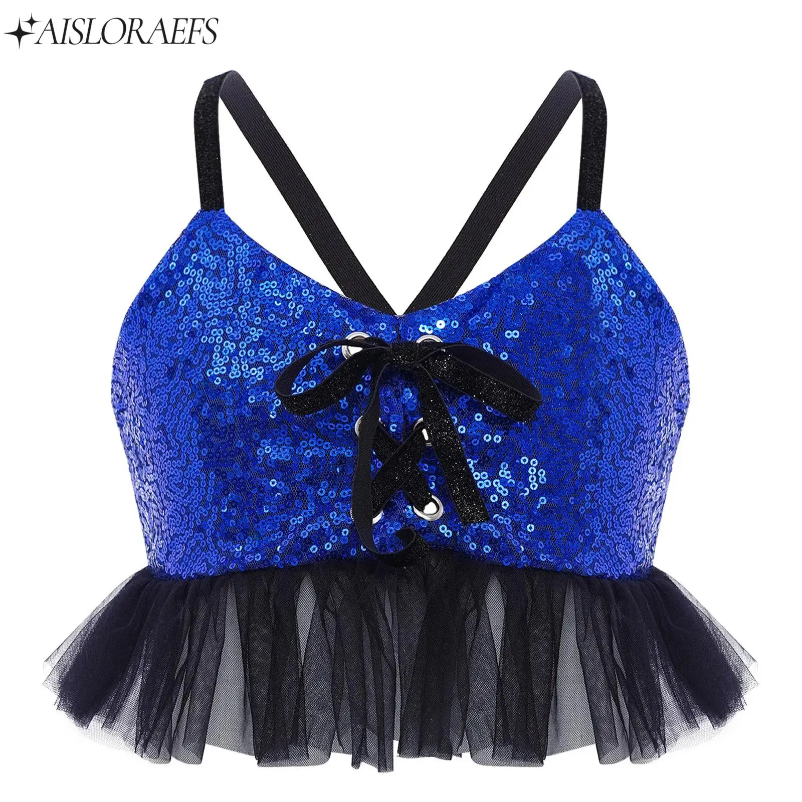 

Girls Tulle Ruffles Glittery Sequins Camisole Spaghetti Straps Crop Top Dancewear for Jazz Hip Hop Dance Performance Clothes