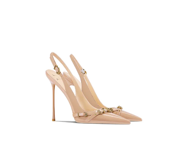 Summer new pointed thin heel patent leather chain nude color back empty high heels for women commuting and dating versatile