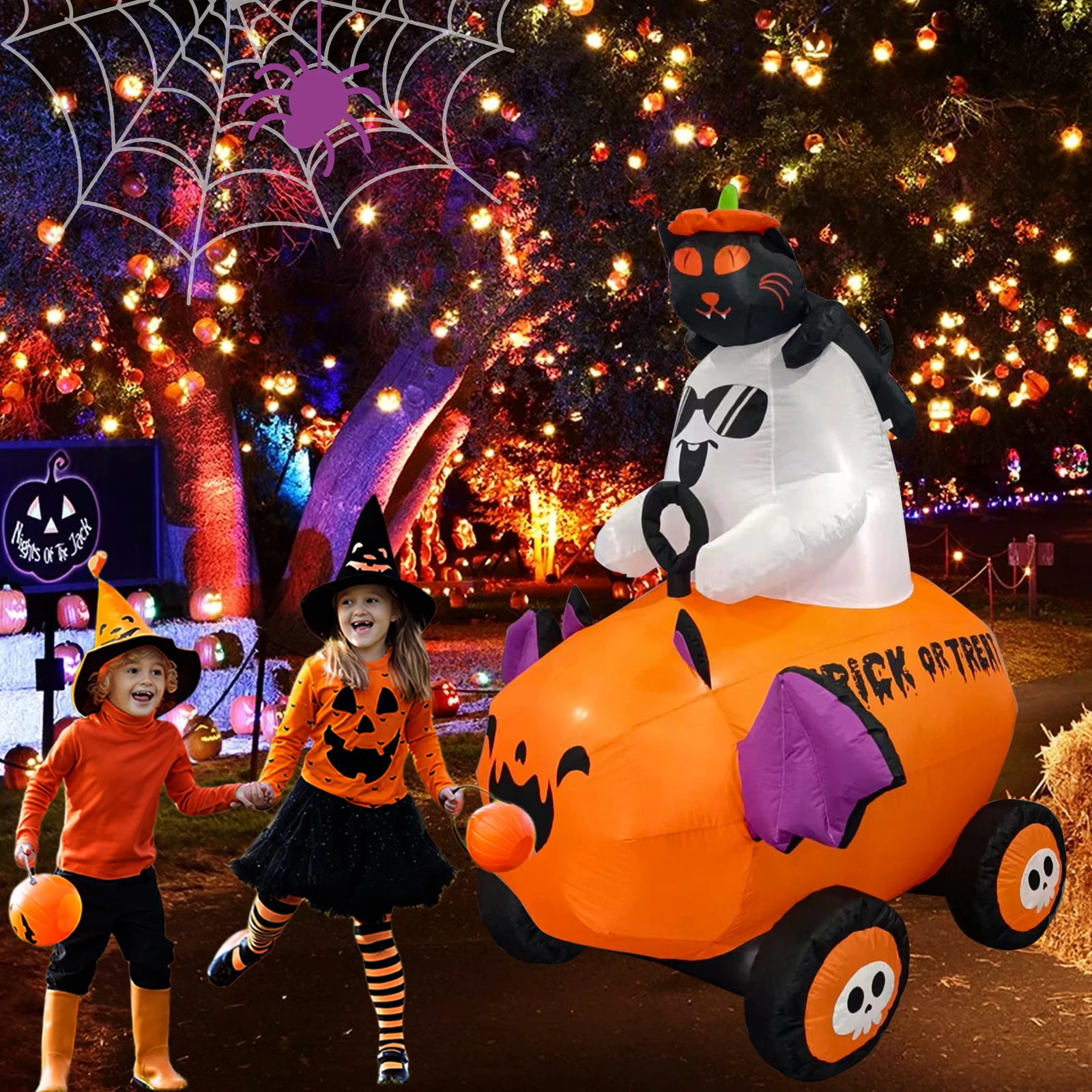 OurWarm 6 FT Height Halloween Inflatables Outdoor Ghost with Pumpkin Cart, Blow Up Yard Decoration with LED Lights Built-in