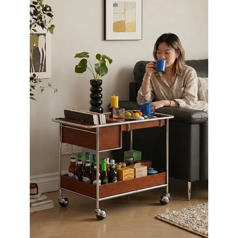 Mobile Solid-Wood Rolling Cart Side Table Mid-Century-Style Living Room Shelf Small Apartment Coffee Table Walnut Finish