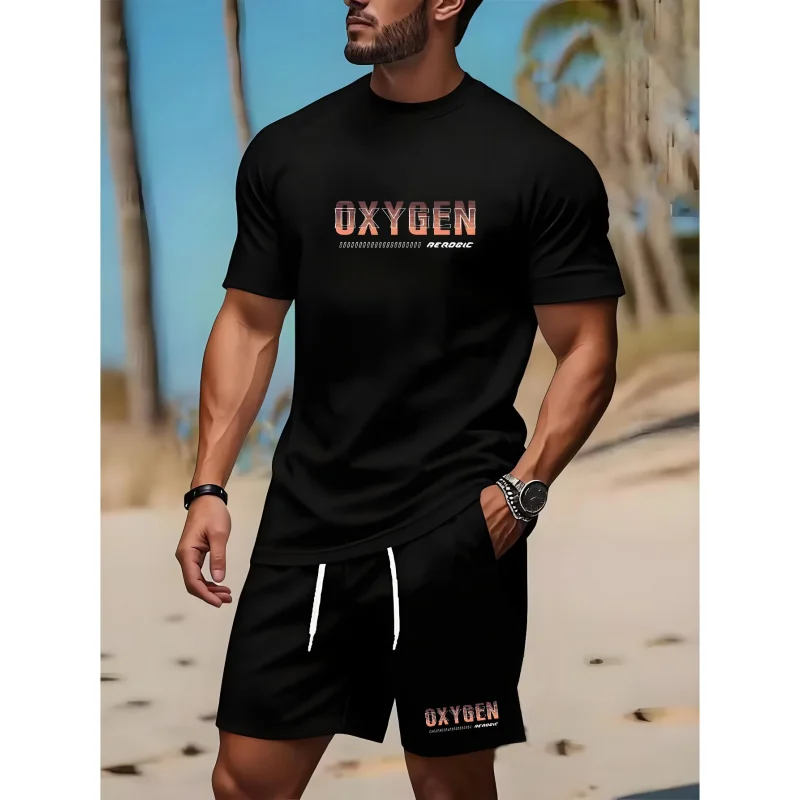 

Men's casual sport T-shirt set, "OXYGEN" themed sportswear: short sleeve + black shorts with gradient letter print