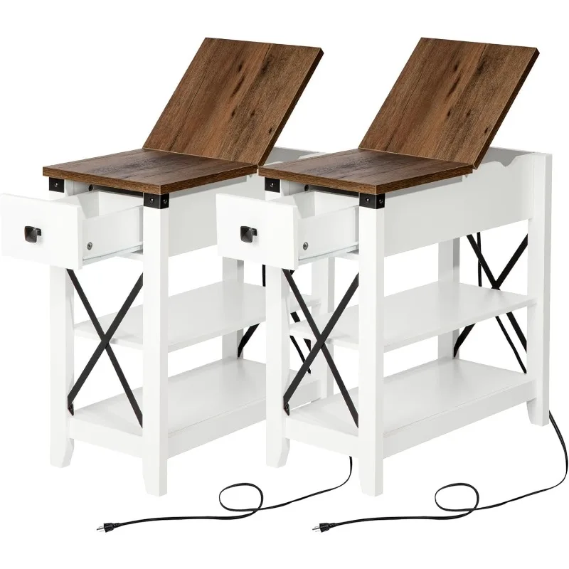 

Narrow End Table with Charging Station - Farmhouse Slim Side Table Set of 2, w/USB Ports Power Outlets, Nightstand w/Flip Top St